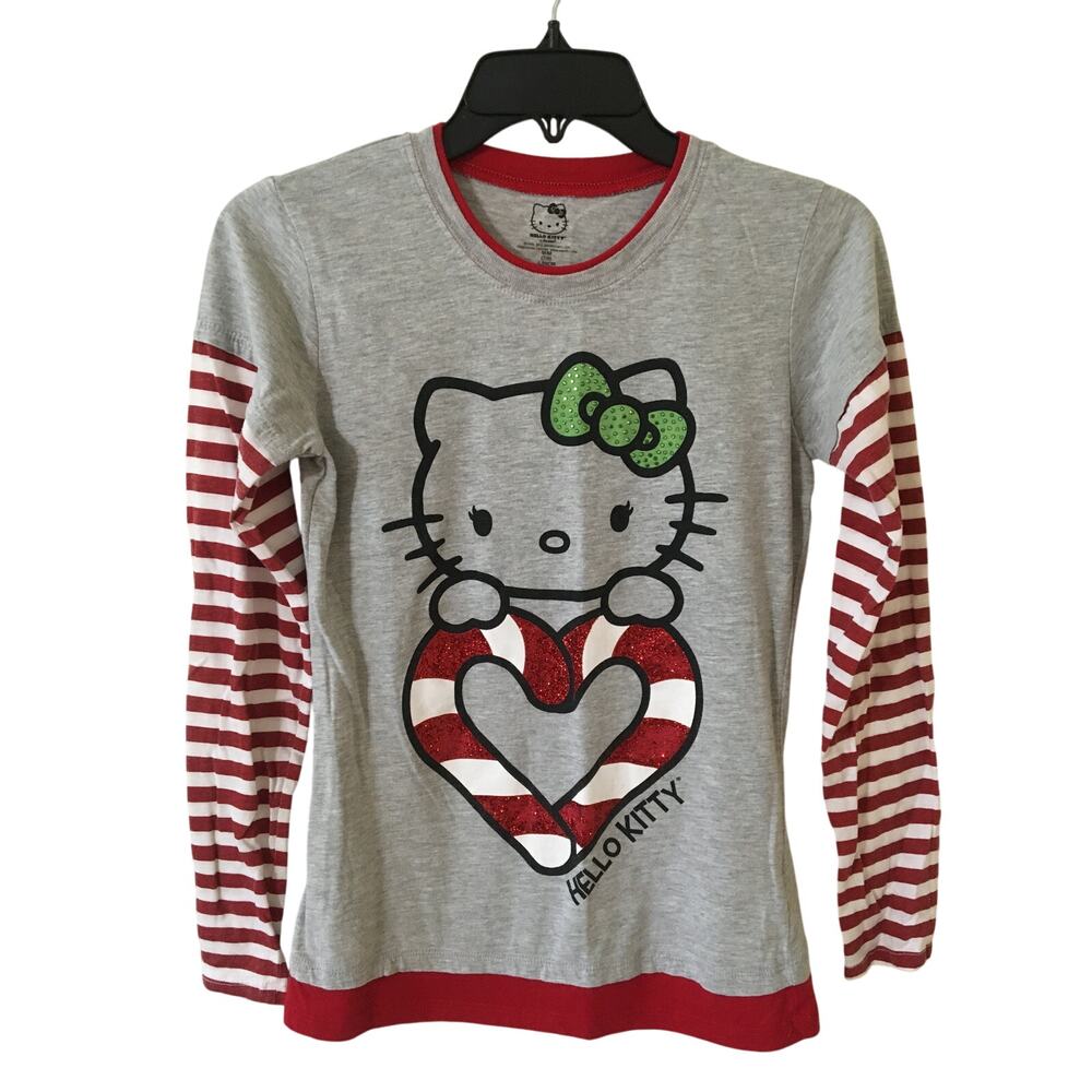 Hello Kitty M/M 7/9 Junior Candy Cane Striped Long Sleeve Glitter Heart Shirt